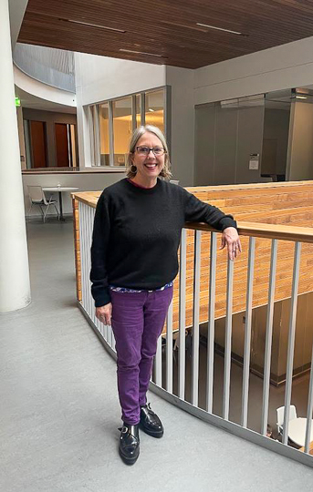 Virginia Sanders in the Sandler Neurosciences Building Atrium